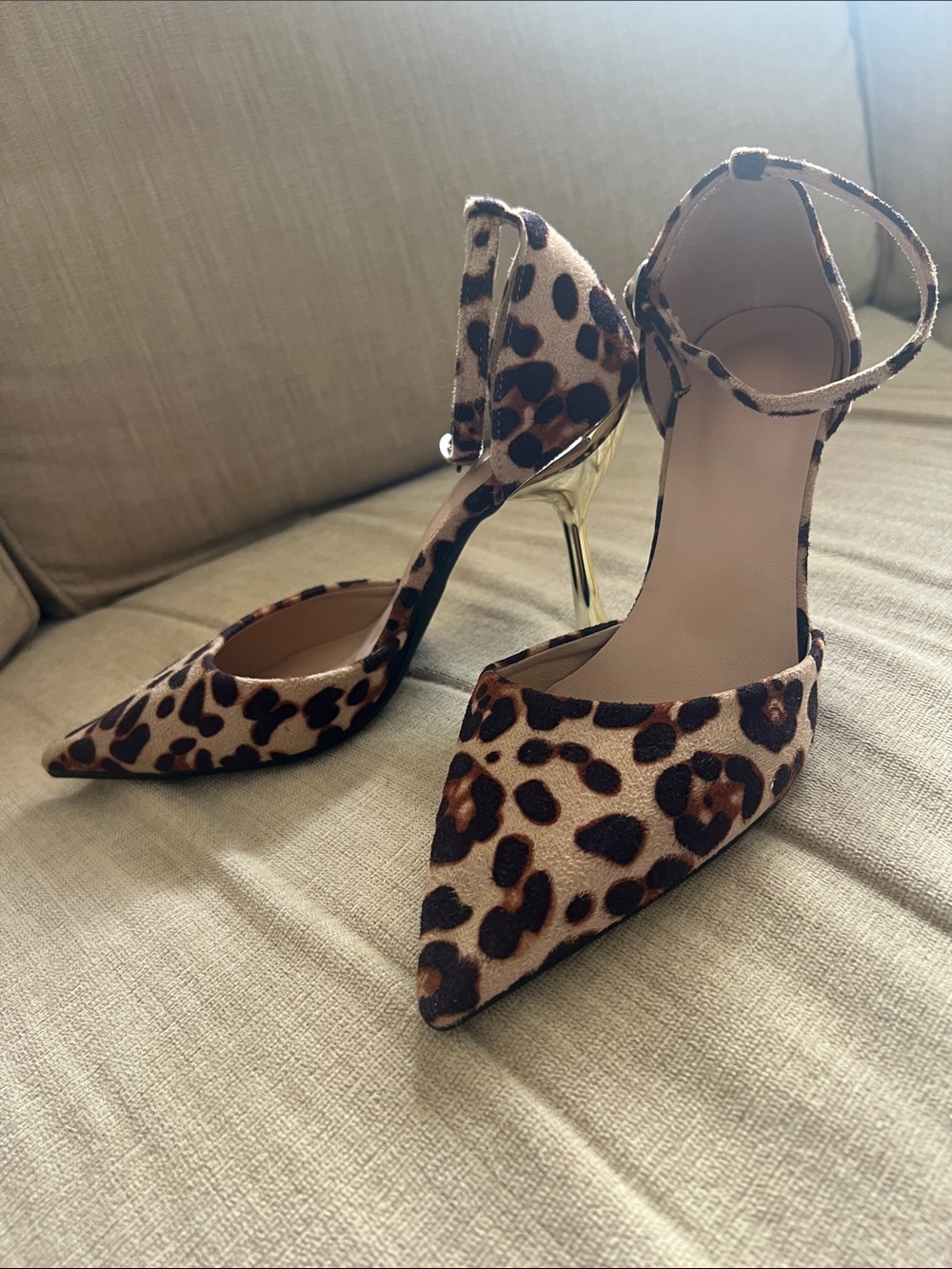 Leopard Print Pointed Toe Ankle Strap Heels